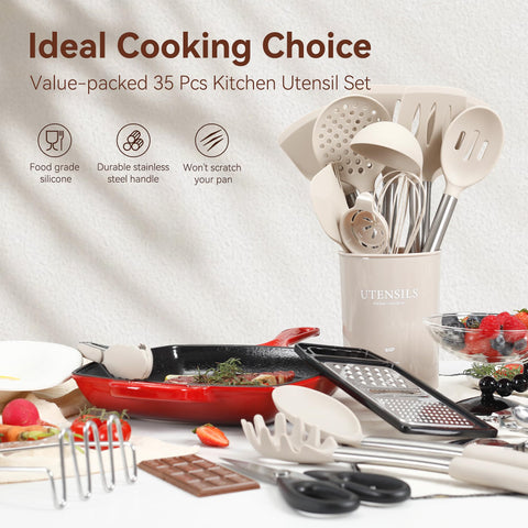 NCUE 35-piece utensils collection neatly organized for versatile cooking