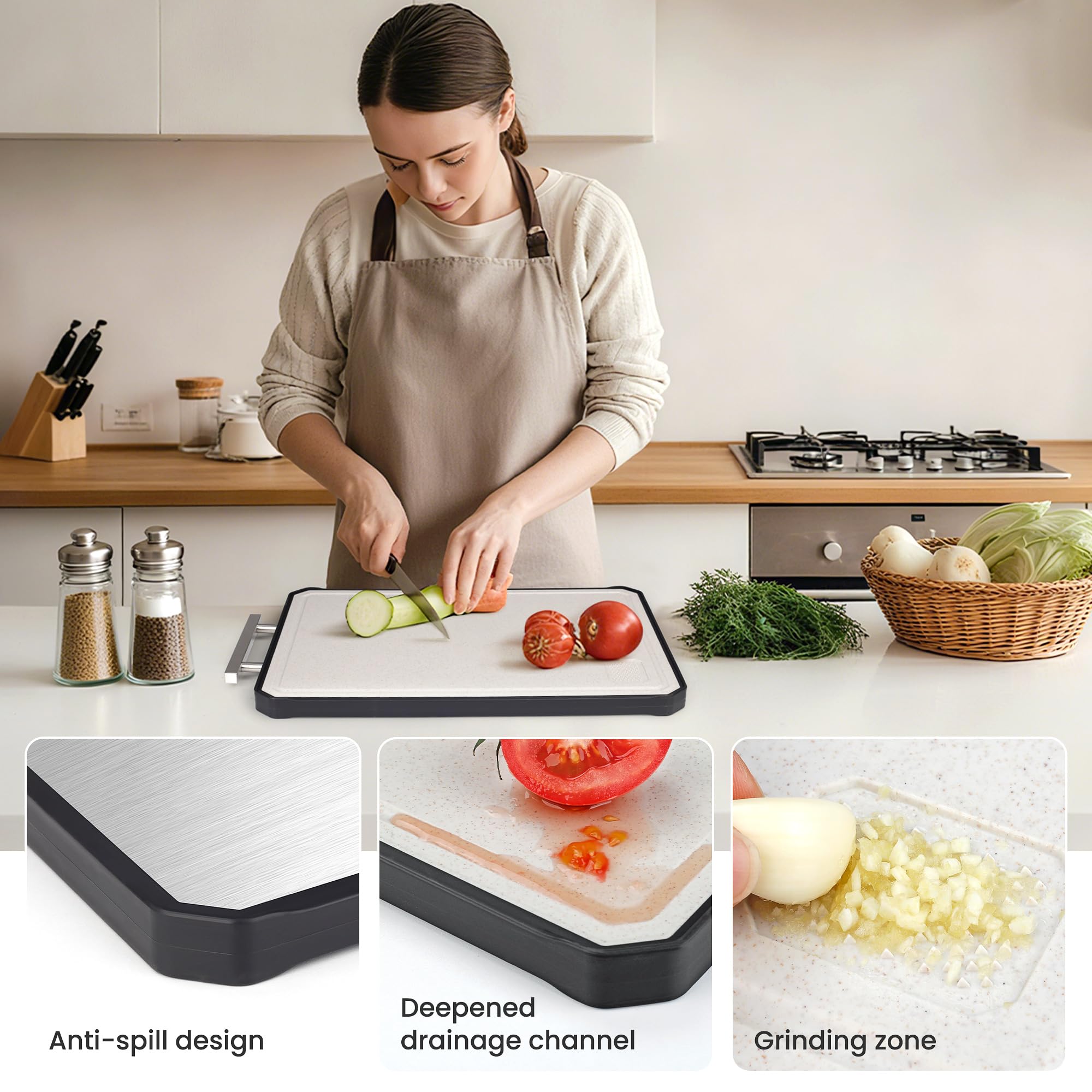 NCUE cutting board drainage groove prevents spills on counters