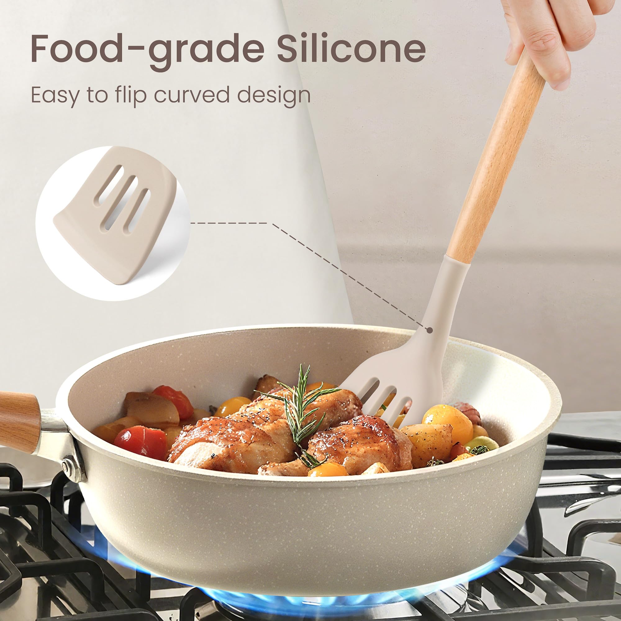 NCUE easy-clean silicone utensils, simply wipe with warm water after use.