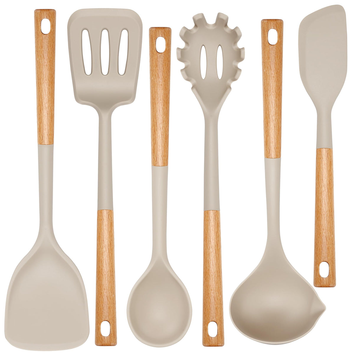 NCUE kitchen utensils set with wooden handles, heat-resistant design for safe cooking.