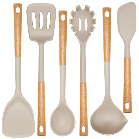 NCUE kitchen utensils set with wooden handles, heat-resistant design for safe cooking.