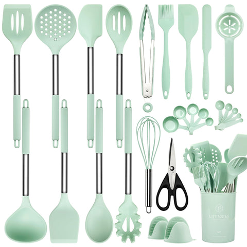 NCUE silicone cooking utensils set, 28-piece collection for protecting nonstick cookware.