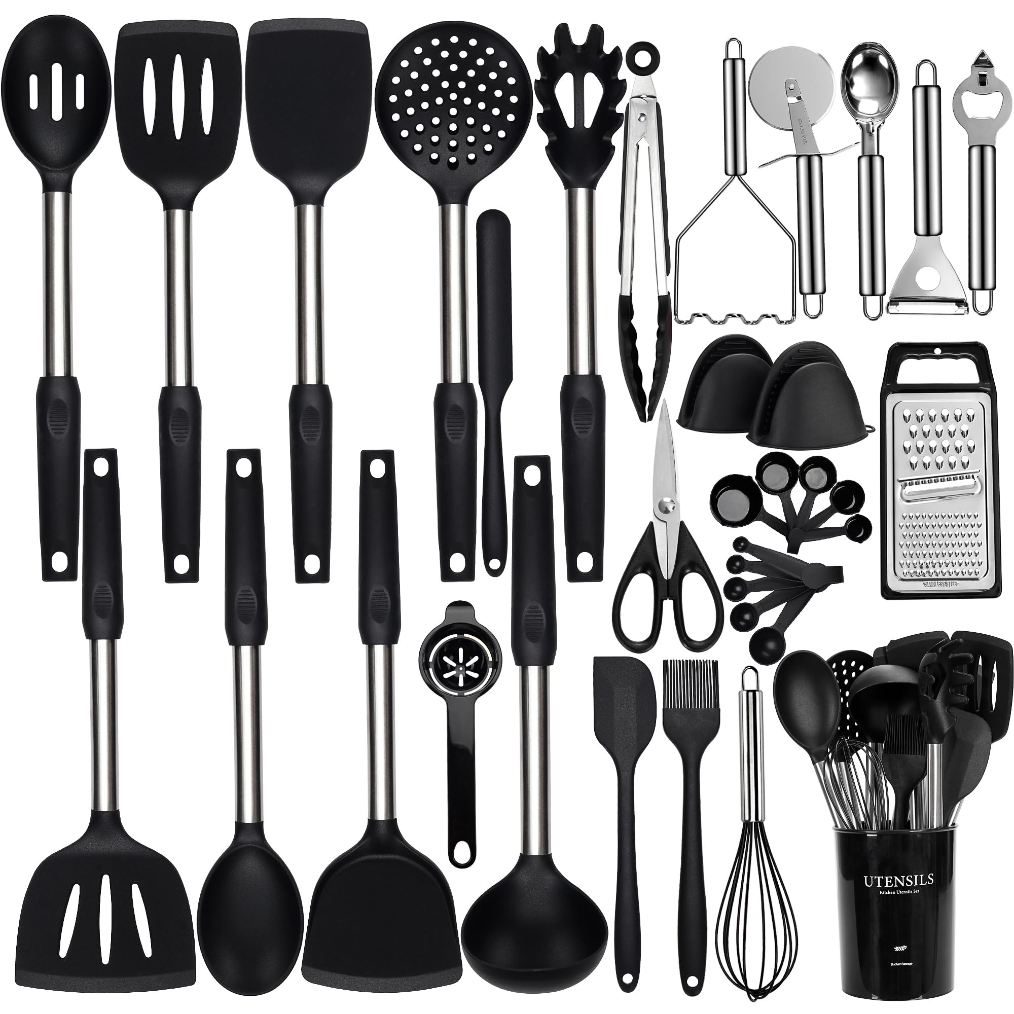 NCUE silicone cooking utensils set with holder for easy kitchen organization.