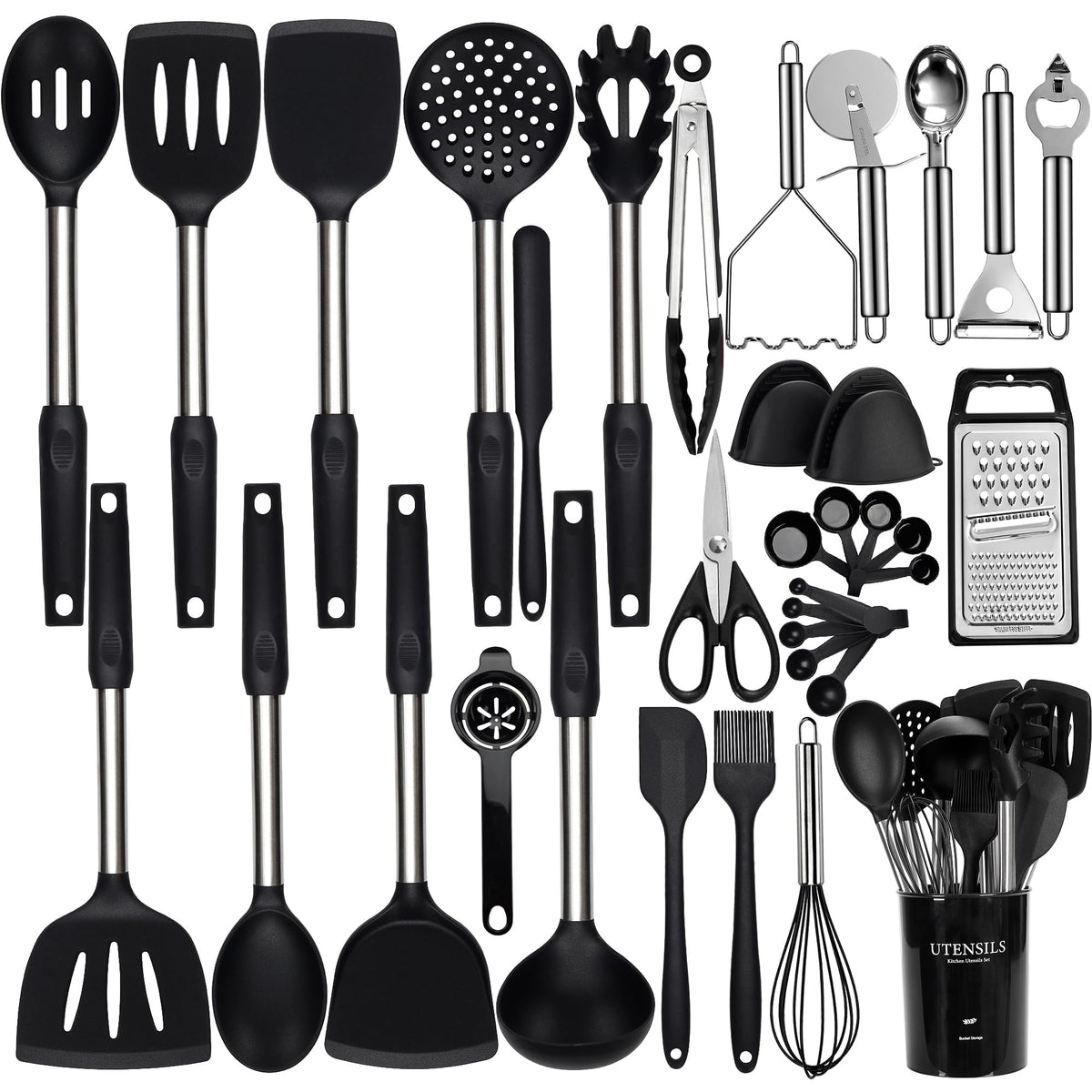 NCUE silicone cooking utensils set with holder for easy kitchen organization.