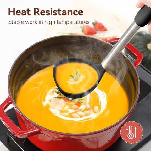 NCUE silicone head spatula and ladle demonstrate heat resistance and smooth flipping.