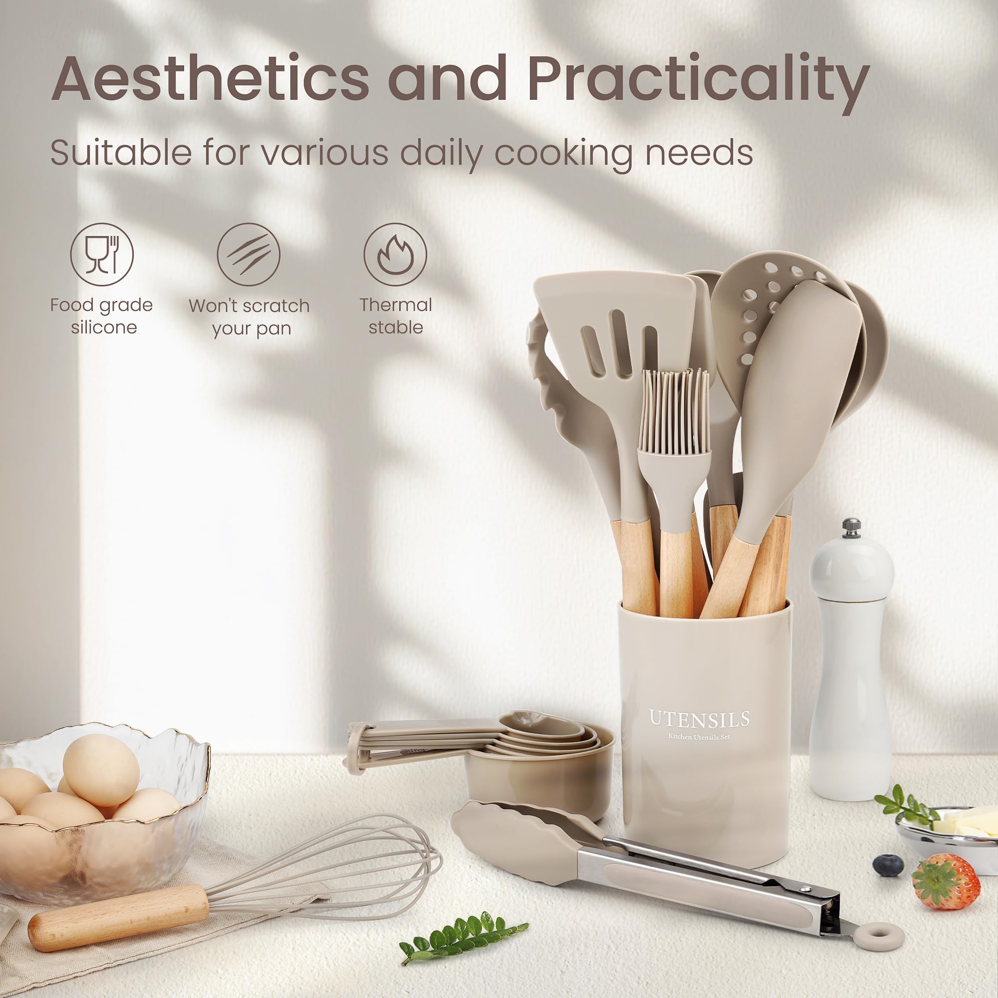 NCUE spatulas and spoons, heat resistant up to 446°F for safe non-stick cooking.