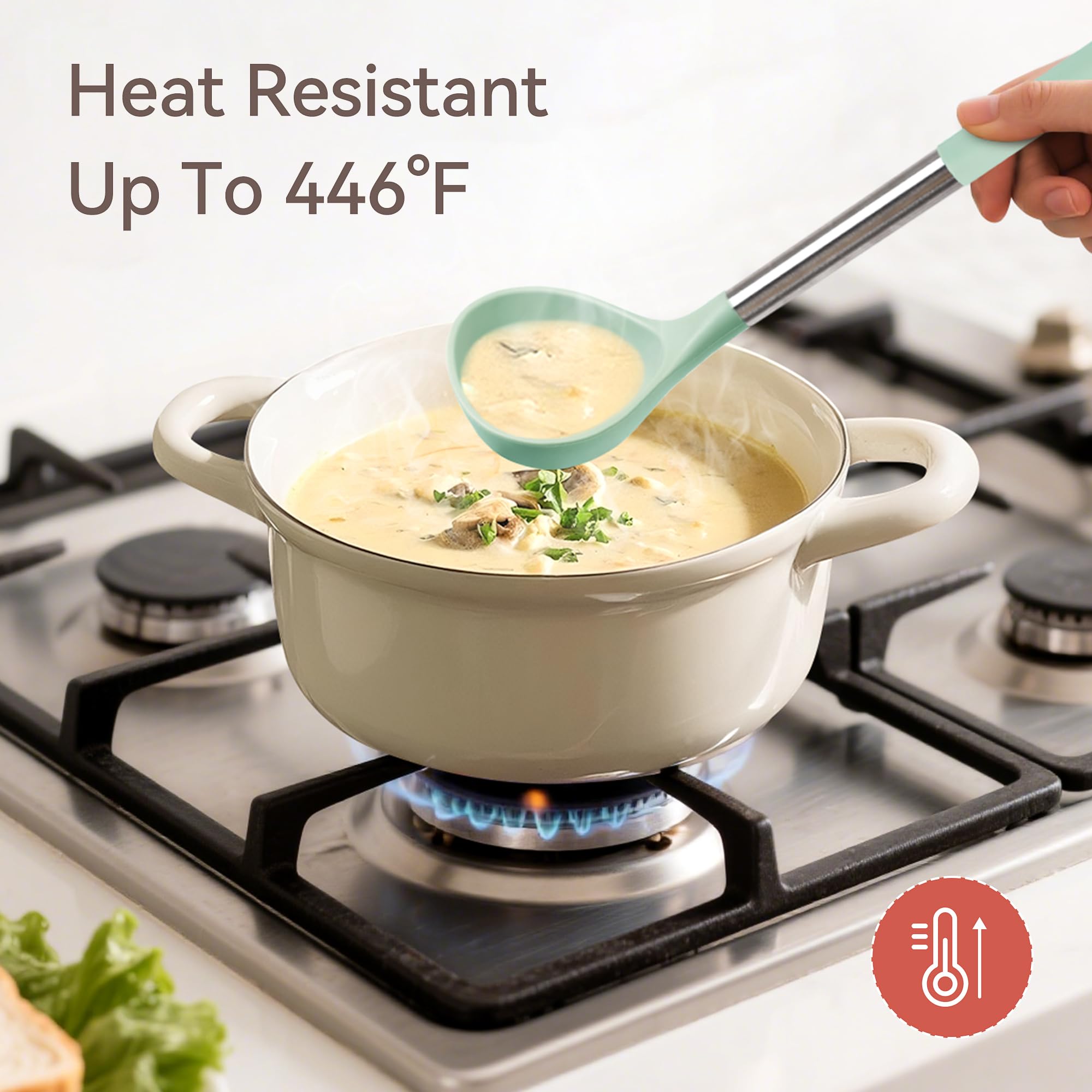 NCUE stainless steel handle utensils stay sturdy during stirring and flipping.