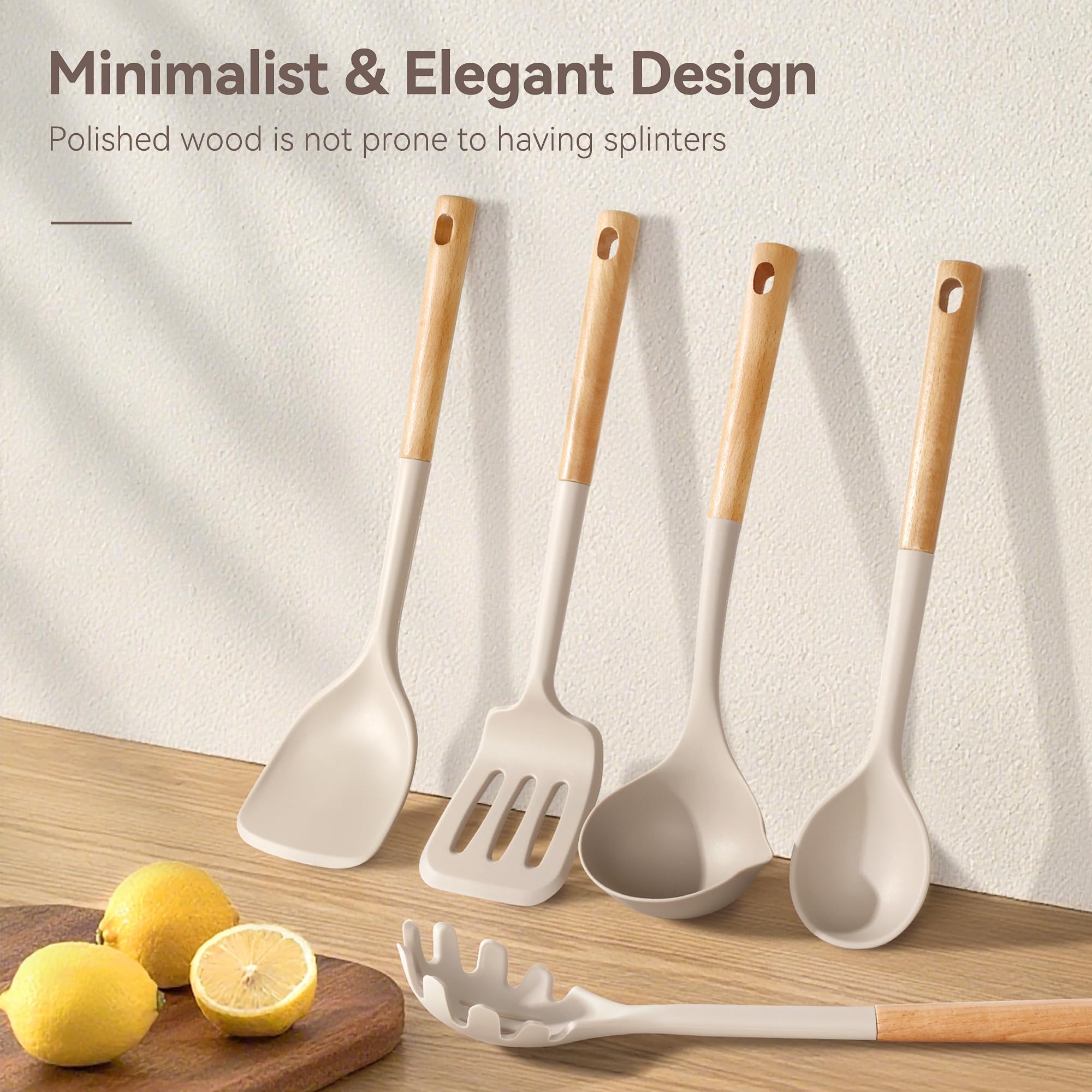 NCUE wooden-handle utensils on counter highlight durable, heat-protected grip.