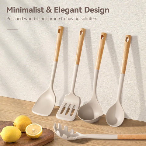 NCUE wooden-handle utensils on counter highlight durable, heat-protected grip.