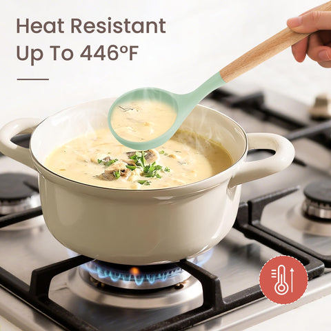 NCUE utensils with wooden handles stay cool and comfortable while cooking