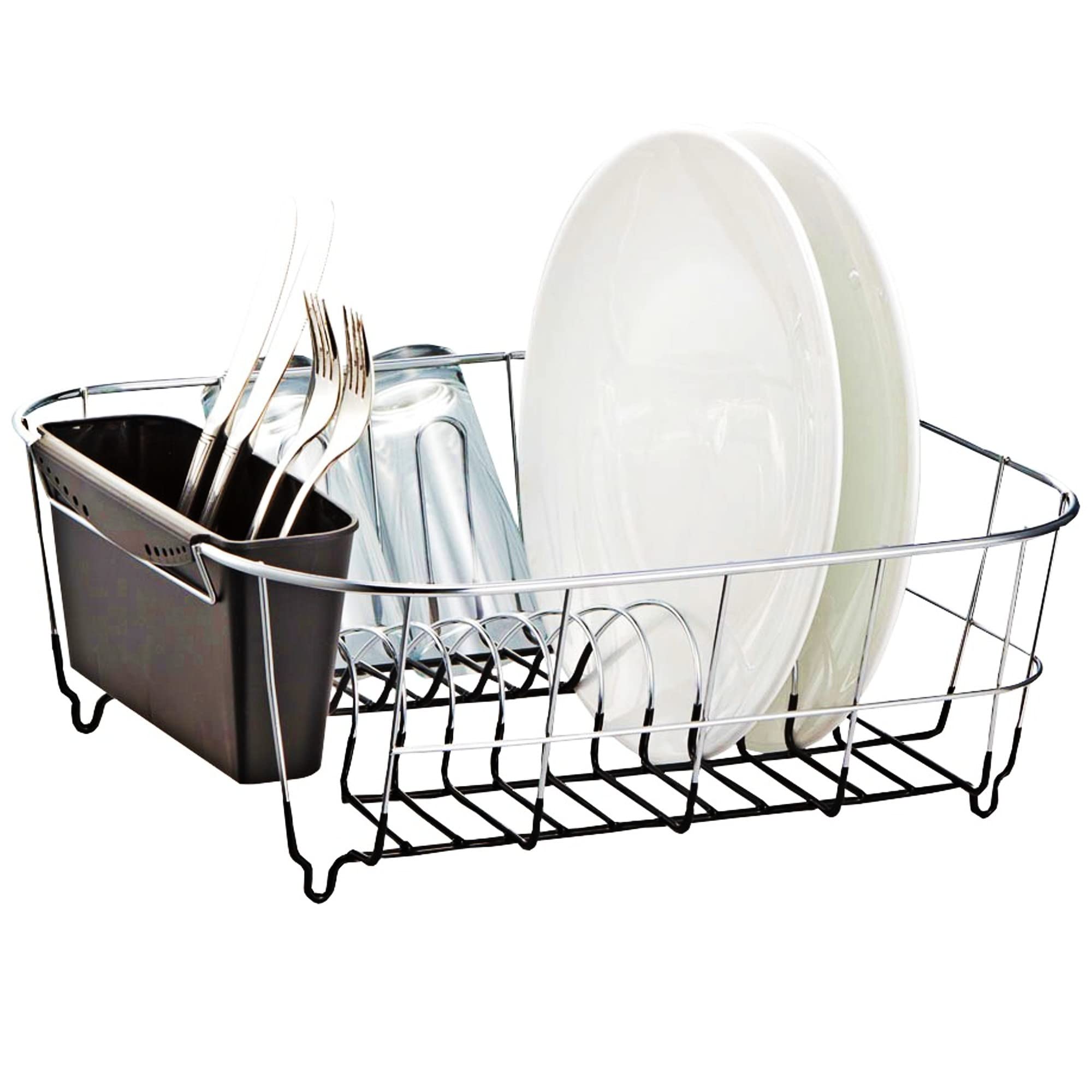 Neat-O Deluxe chrome dish drainer in black, front view, keeping items organized after meals.