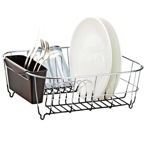 Neat-O Deluxe chrome dish drainer in black, front view, keeping items organized after meals.