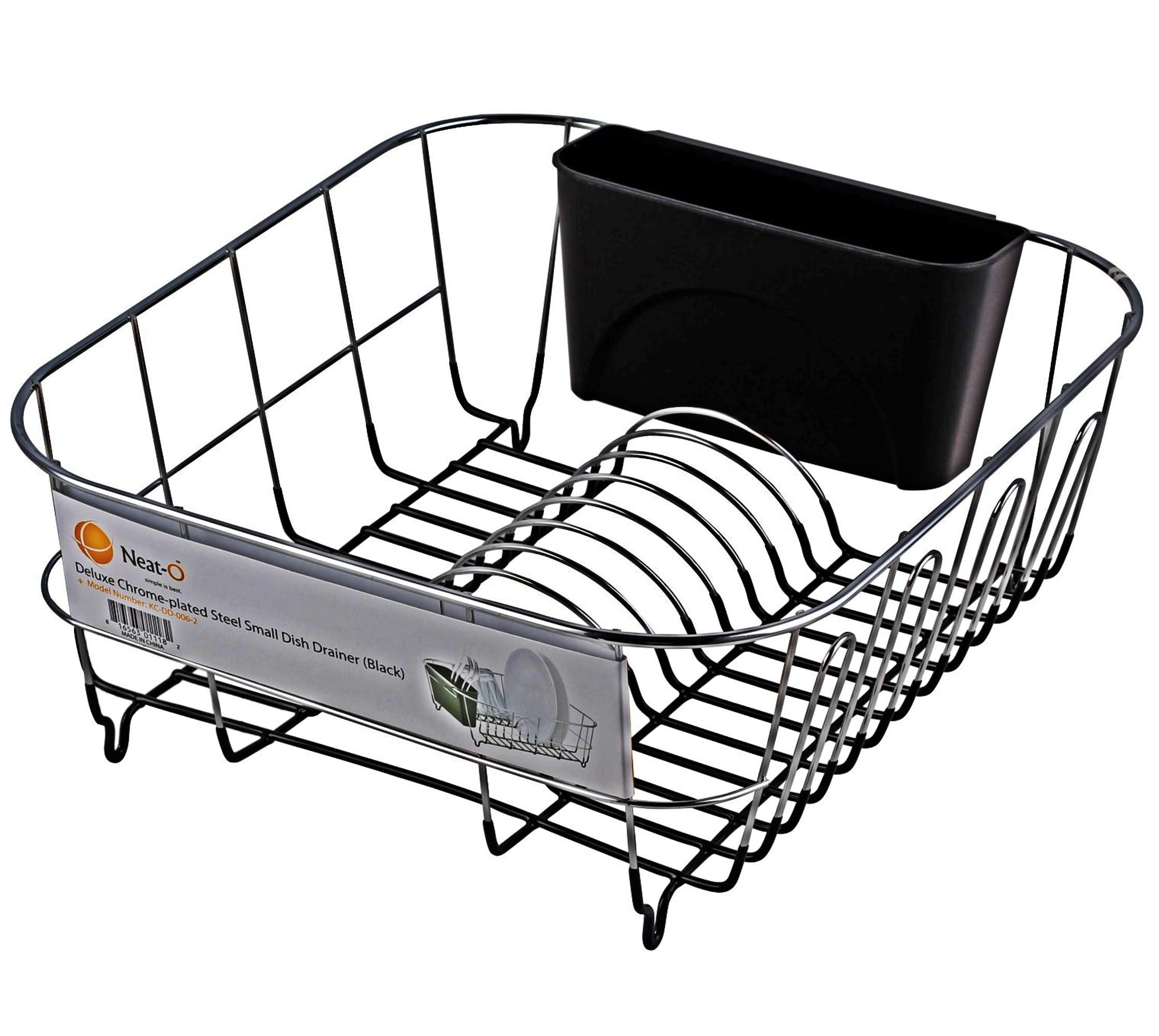 Neat-O dish drainer in black in use beside a sink, drying dishes.