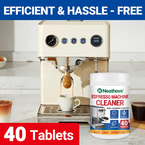 Neathova cleaner shown for universal compatibility across Breville, Keurig, Jura, and Nespresso