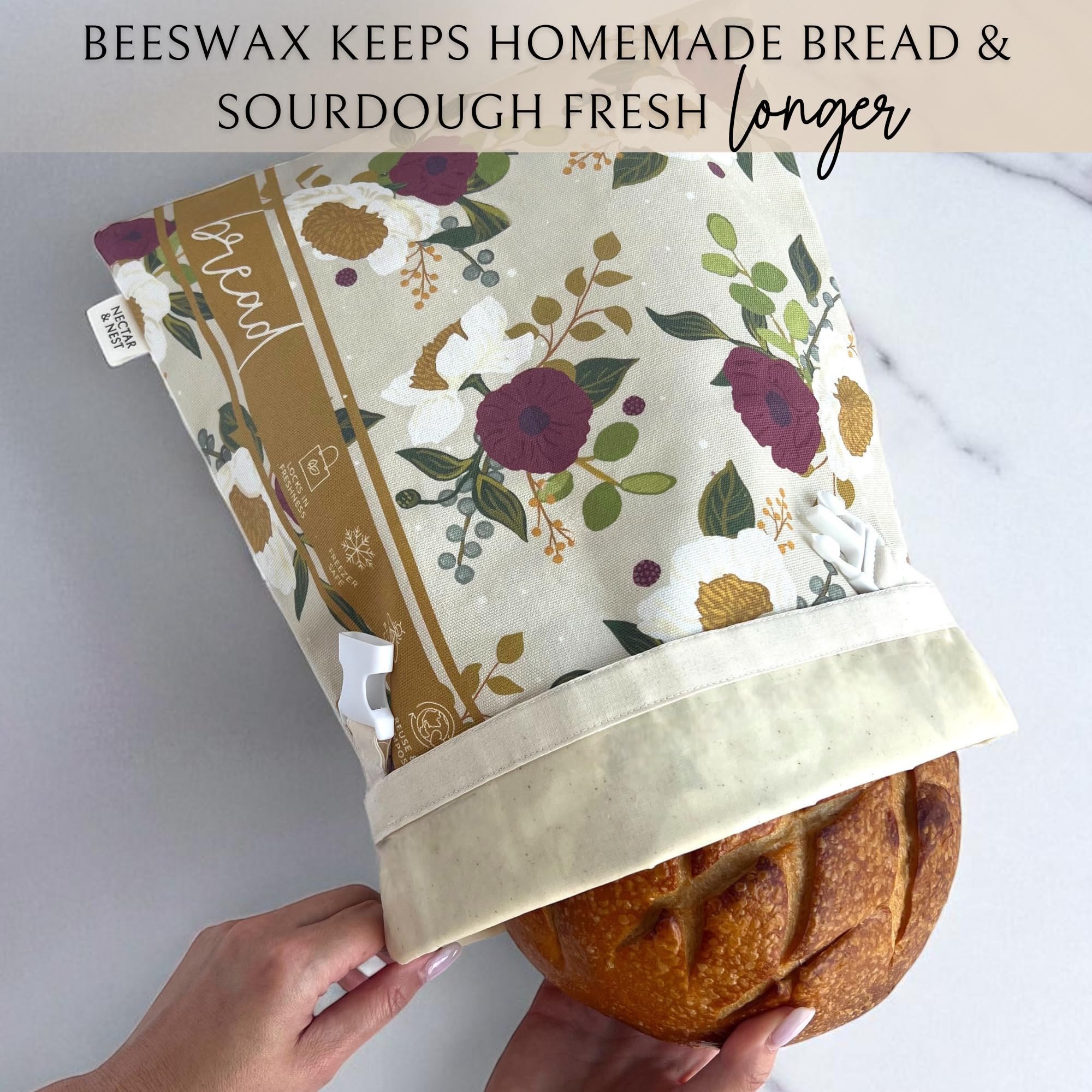 Nectar & Nest bread bag on cutting board preserves sourdough without plastic