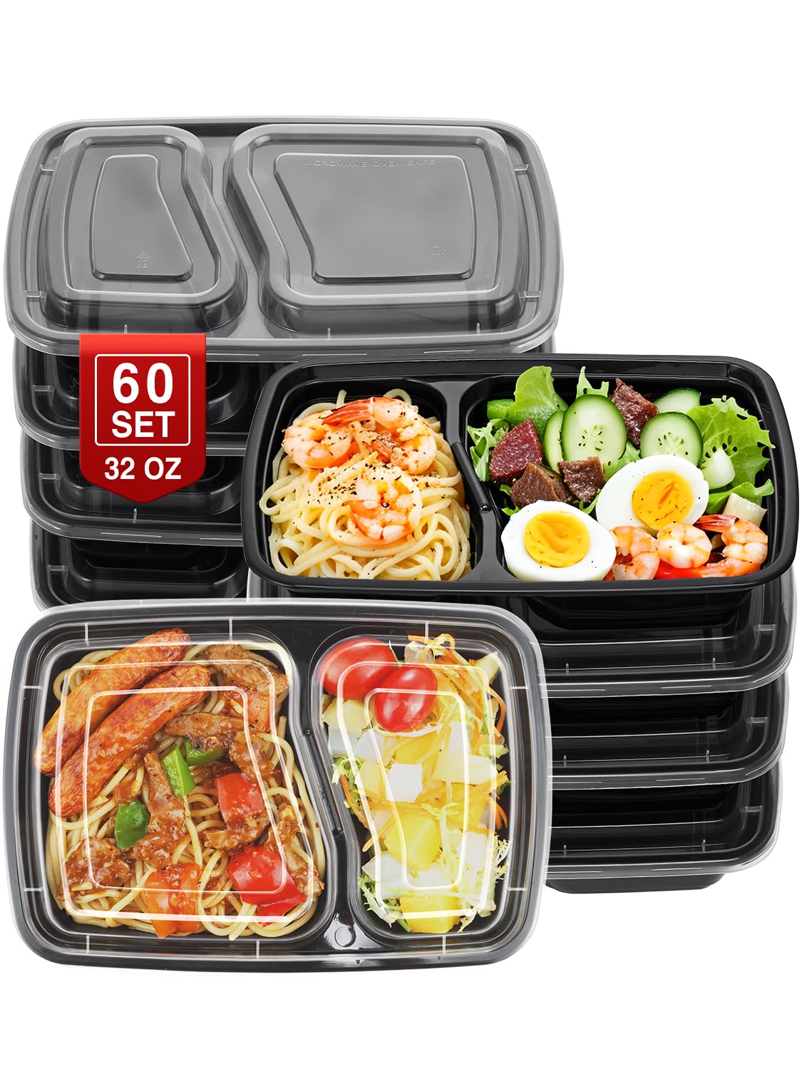 NEEBAKE 60-set 32oz two-compartment containers keep portions organized for quick meals.