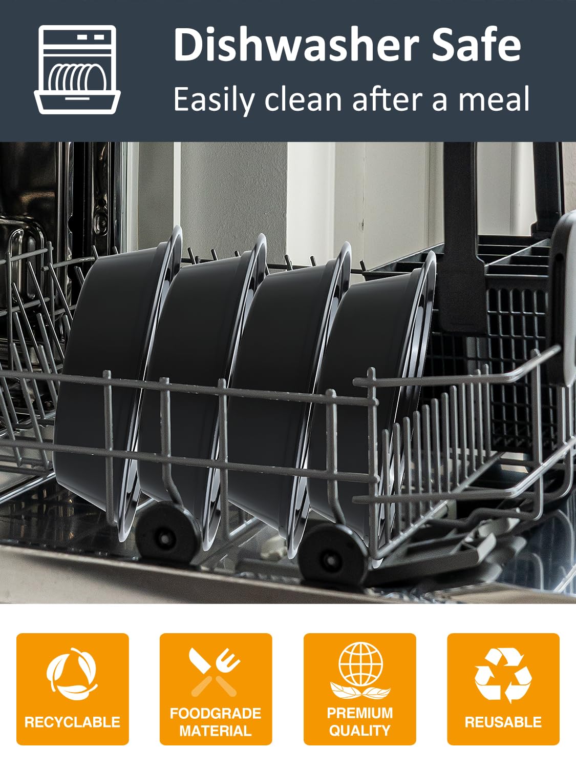 NEEBAKE containers on a drying rack showing top-rack dishwasher suitability