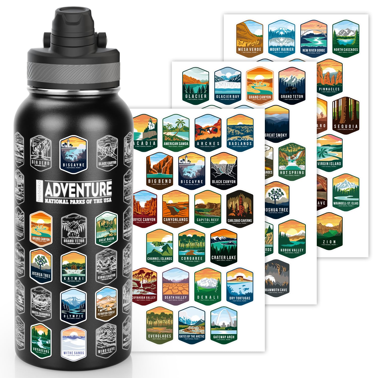 Nefeeko National Parks bottle with stickers close-up, ideal for hikers.