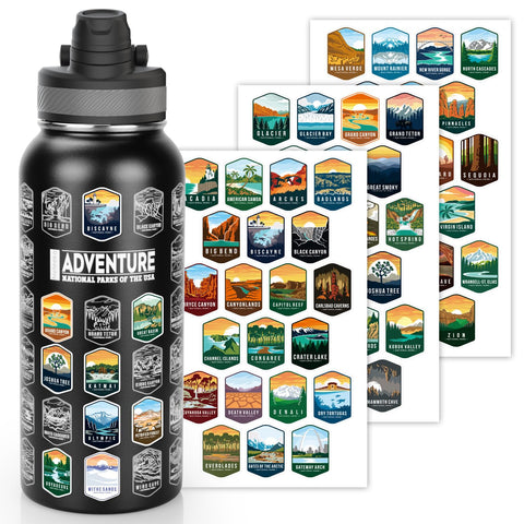 Nefeeko National Parks bottle with stickers close-up, ideal for hikers.