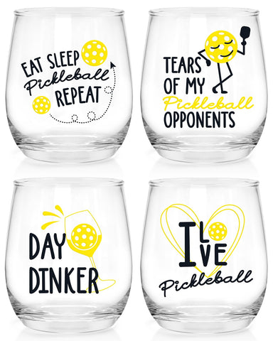 Nefelibata pickleball glass set 4-pack with playful sayings for game nights and gifting.