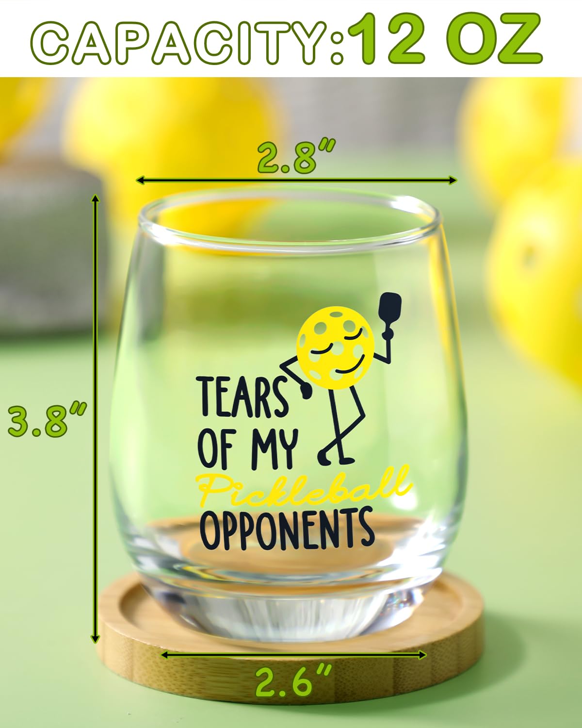 Nefelibata stemless wine glass with pickleball sayings, ideal for casual sipping and entertaining.
