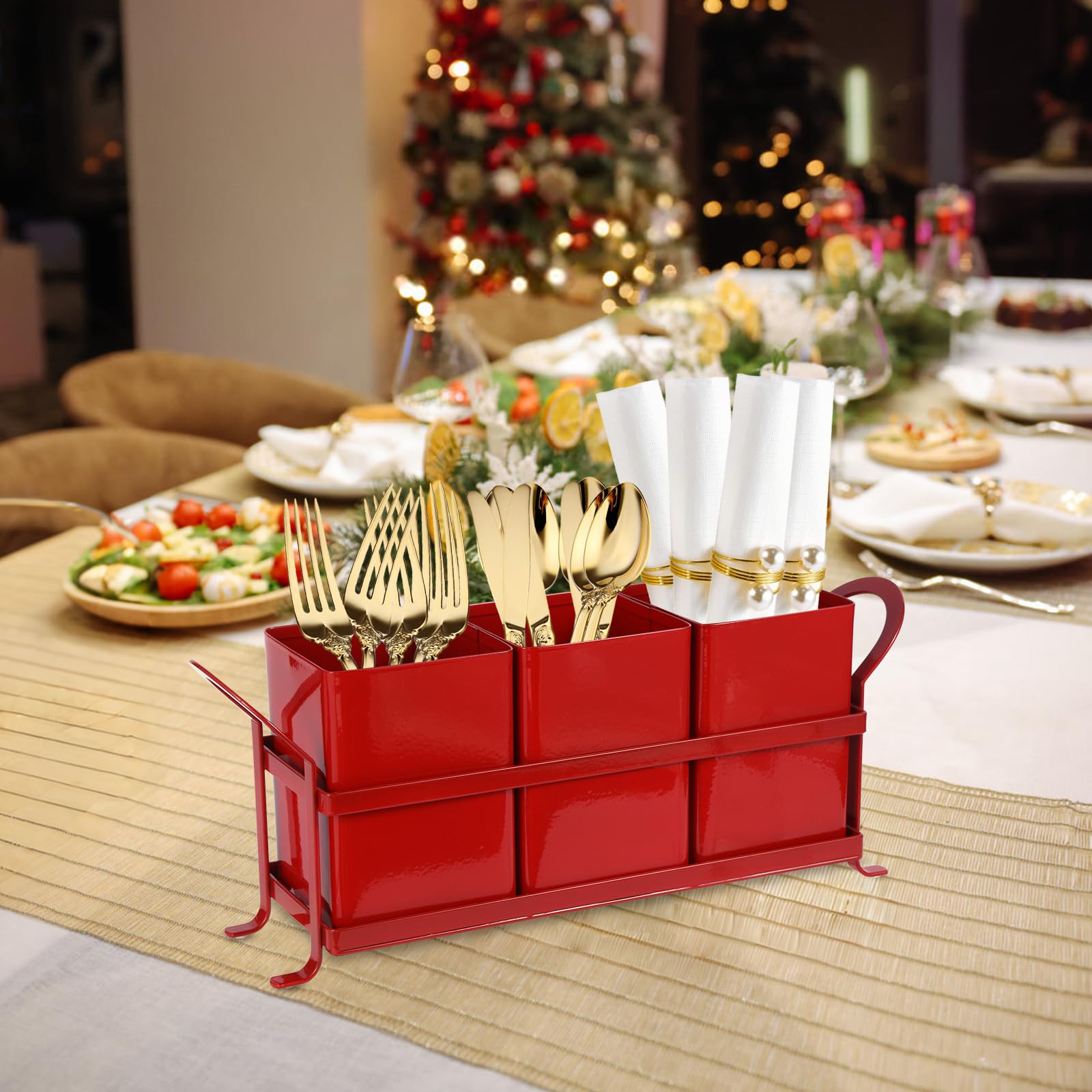 NelyBet red silverware holder used at a party, keeping utensils within reach.