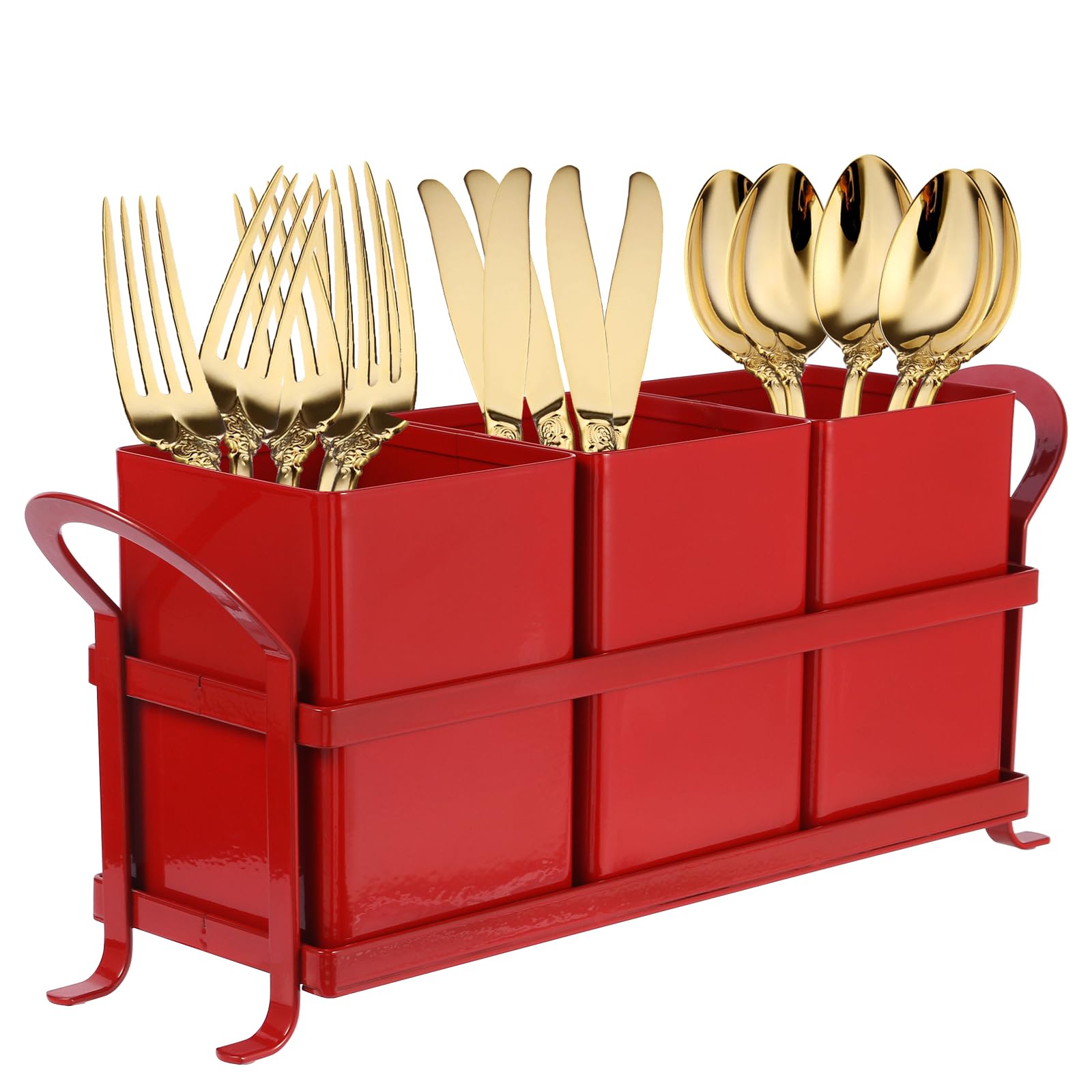 NelyBet utensil holder red, front view showing three compartments for organized counter space.