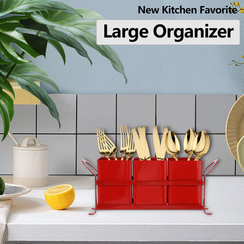 NelyBet red three-compartment silverware caddy keeps utensils tidy during quick prep.