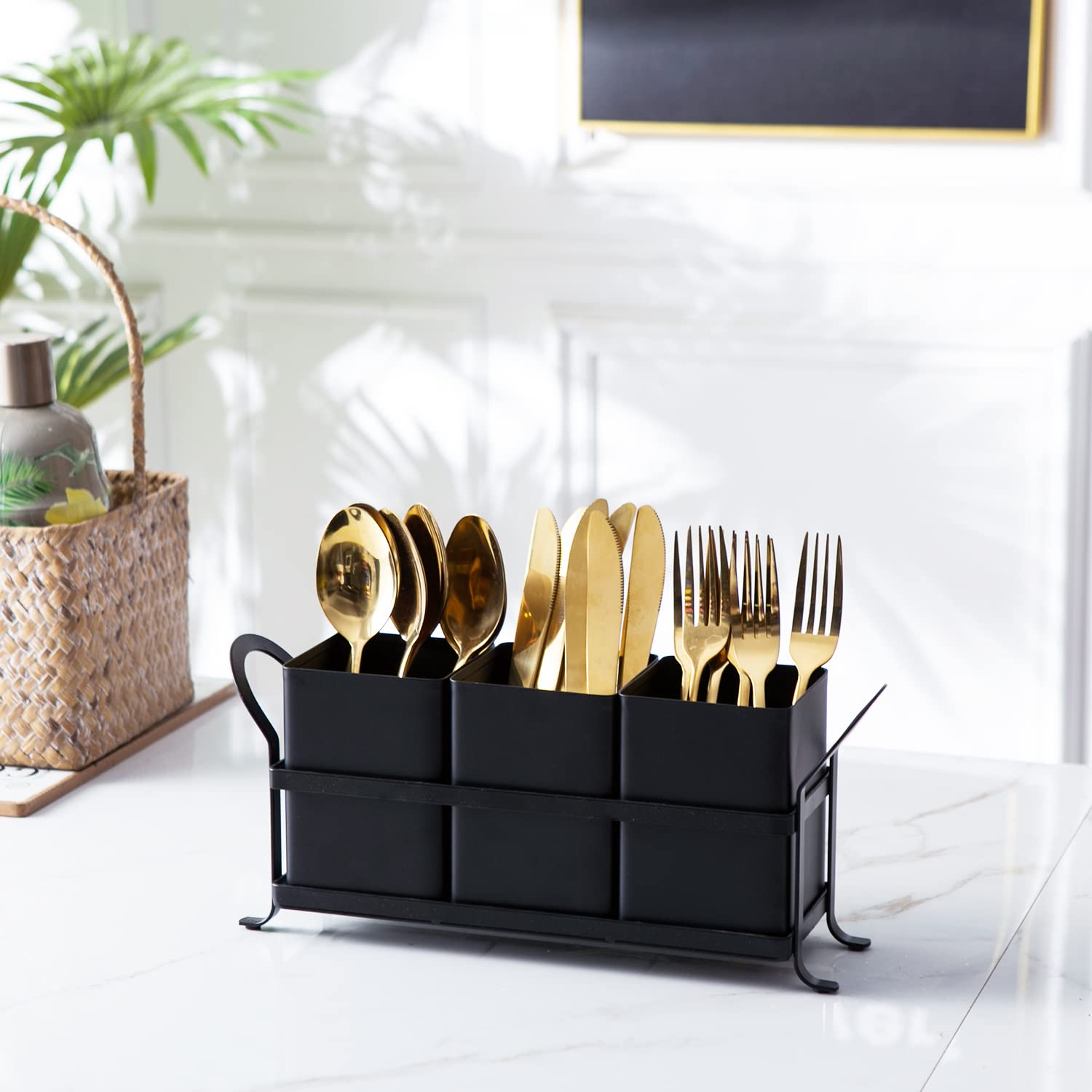 NelyBet silverware caddy on the counter with padded feet protects surfaces.