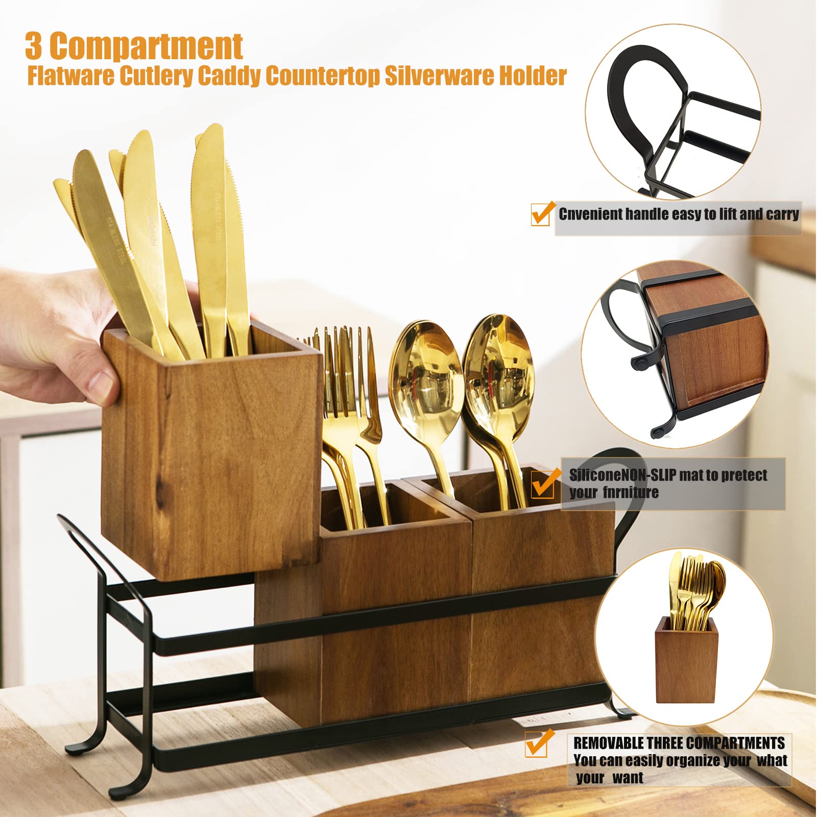 NelyBet silverware holder features a metal tray for easy transport.