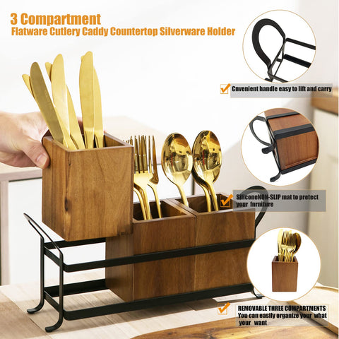 NelyBet silverware holder features a metal tray for easy transport.