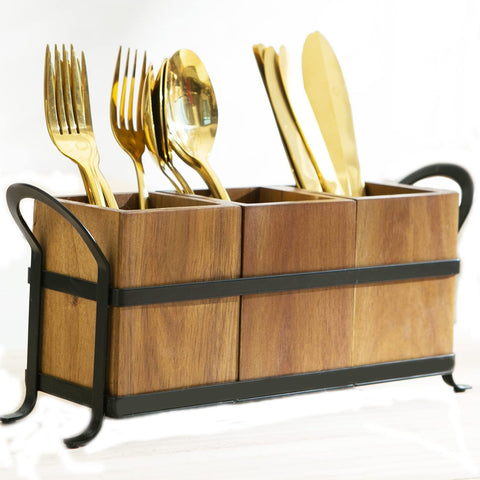 NelyBet utensil caddy with wooden 3 compartments keeps cutlery organized on the counter.