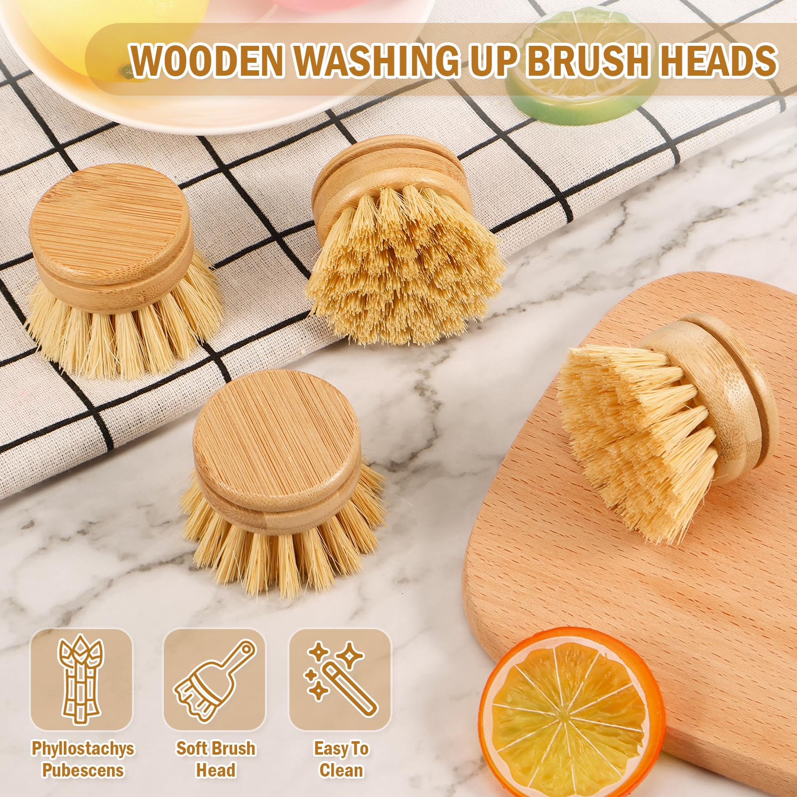 Bamboo dish brush head with sisal bristles, close-up and scratch-free cleaning