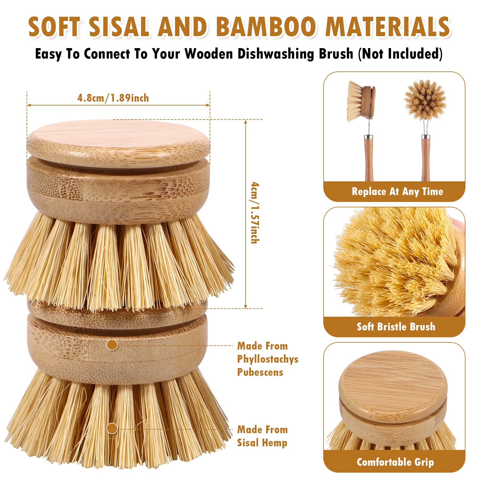 Ergonomic bamboo dish brush head fits wooden brushes for comfortable grip