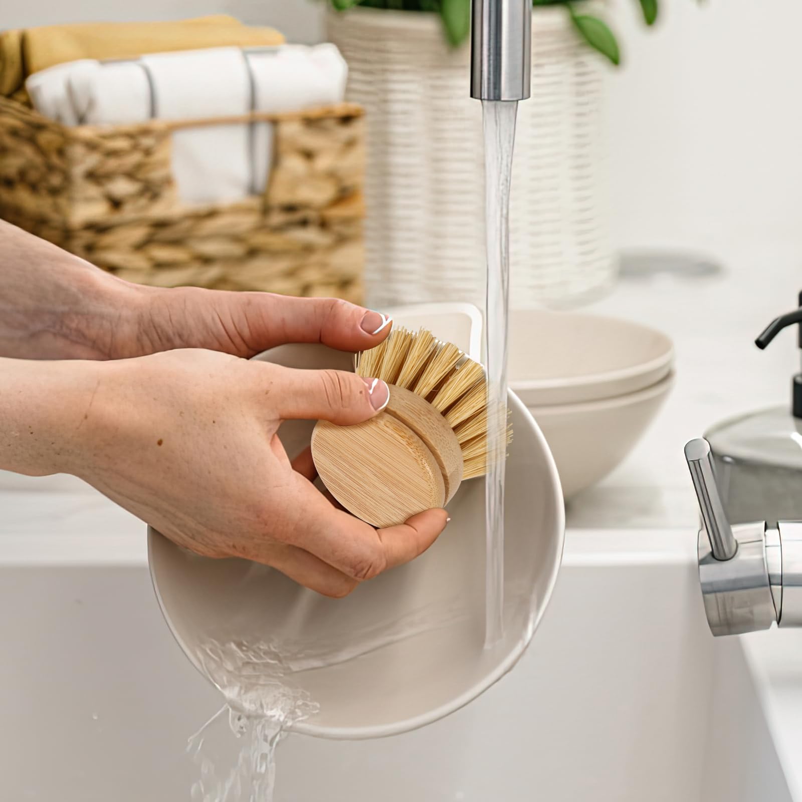 Versatile cleaning uses including plates, pans, mugs, and tiles with gentle care