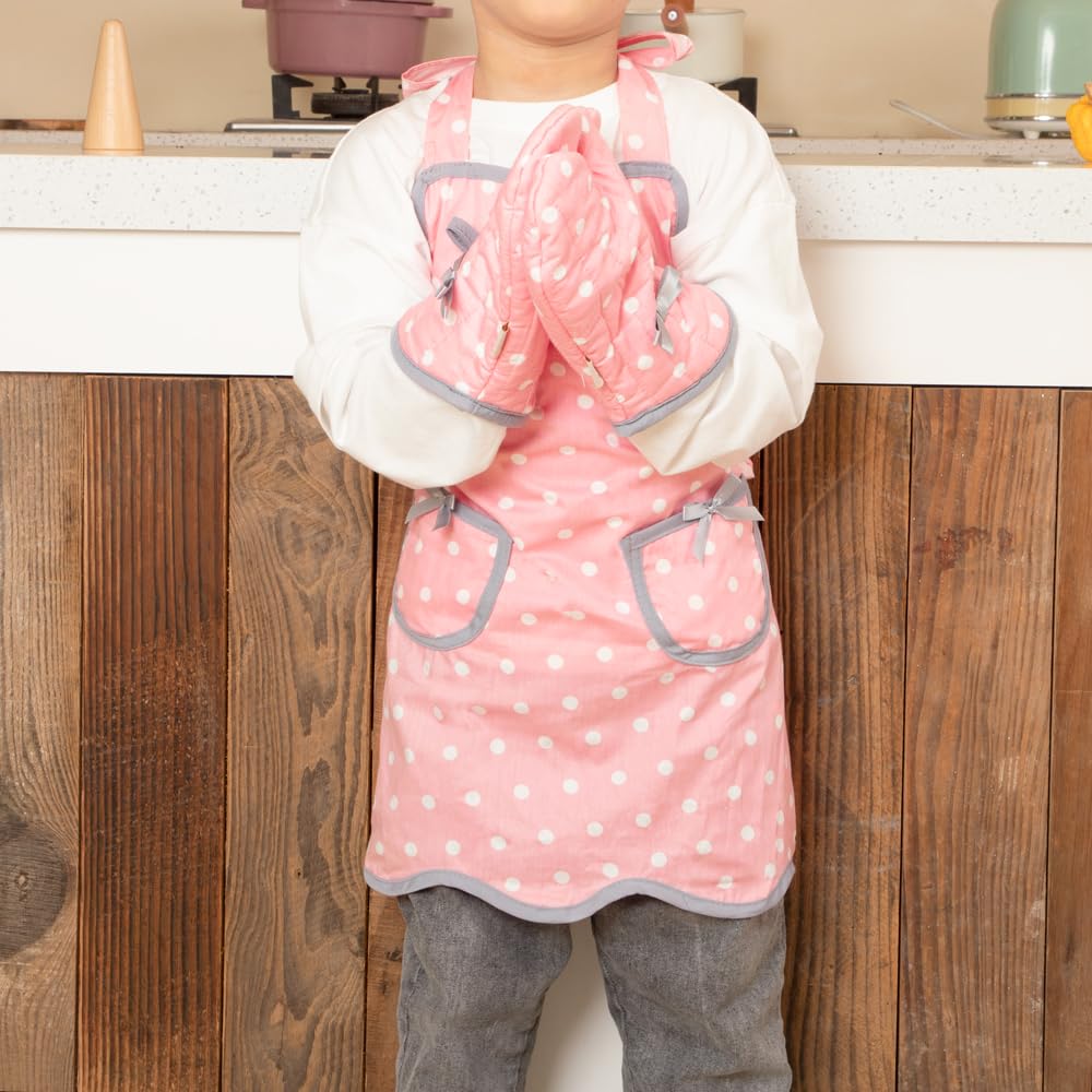 NEOVIVA kids oven mitts with polka dots, ideal for pretend cooking.