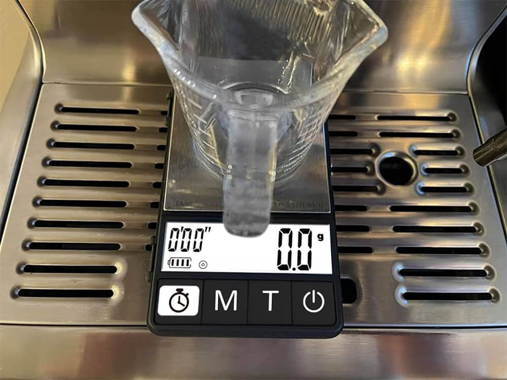 NEOWEIGH espresso scale detachable lid tray doubles as weighing surface.