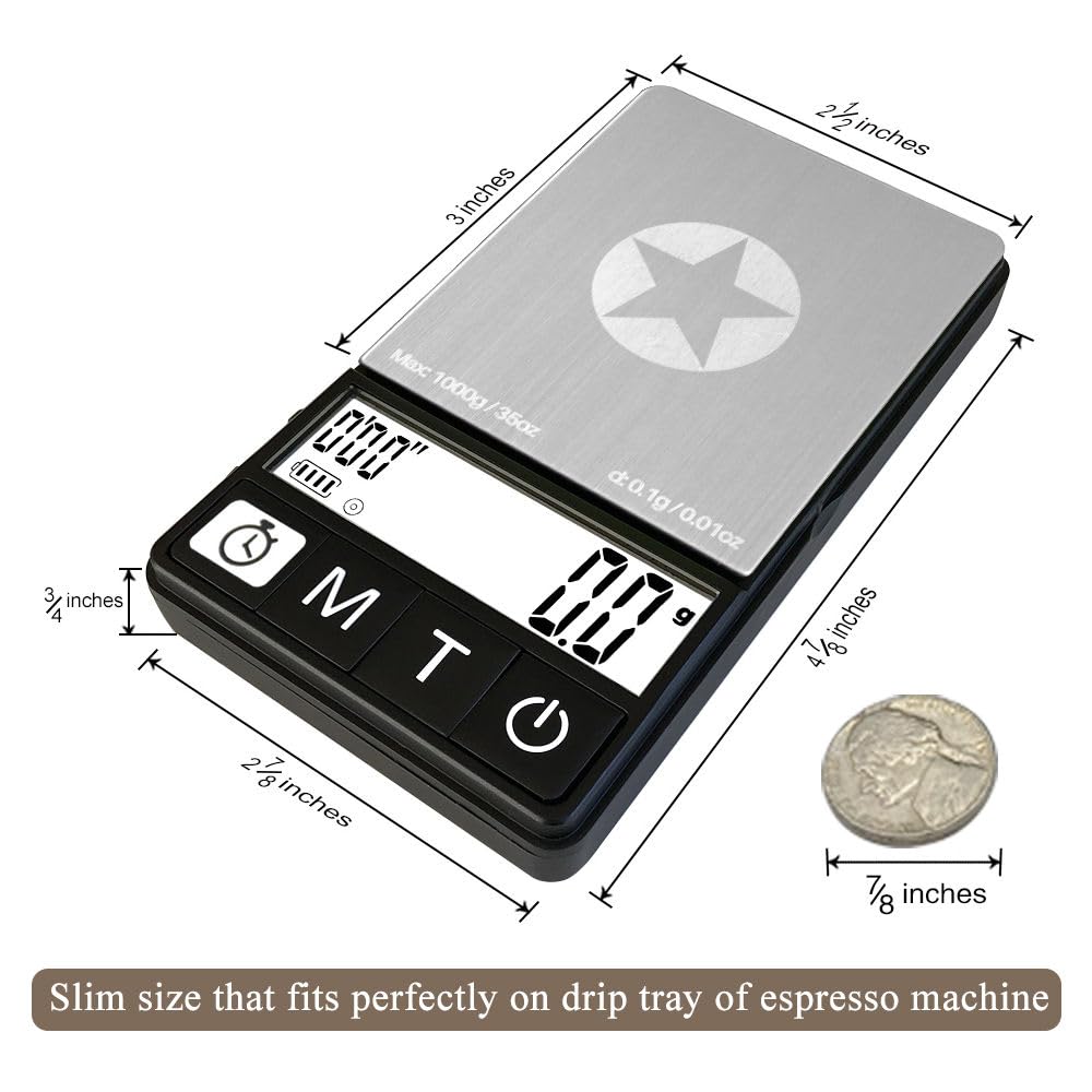 NEOWEIGH espresso scale on drip tray reinforces compact counter setup.