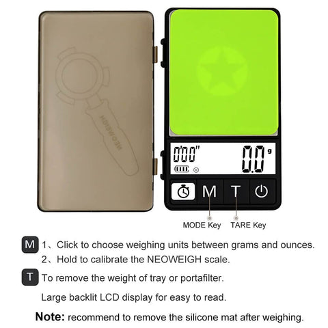 NEOWEIGH espresso scale 1 kg capacity supports weighing beans and grounds.