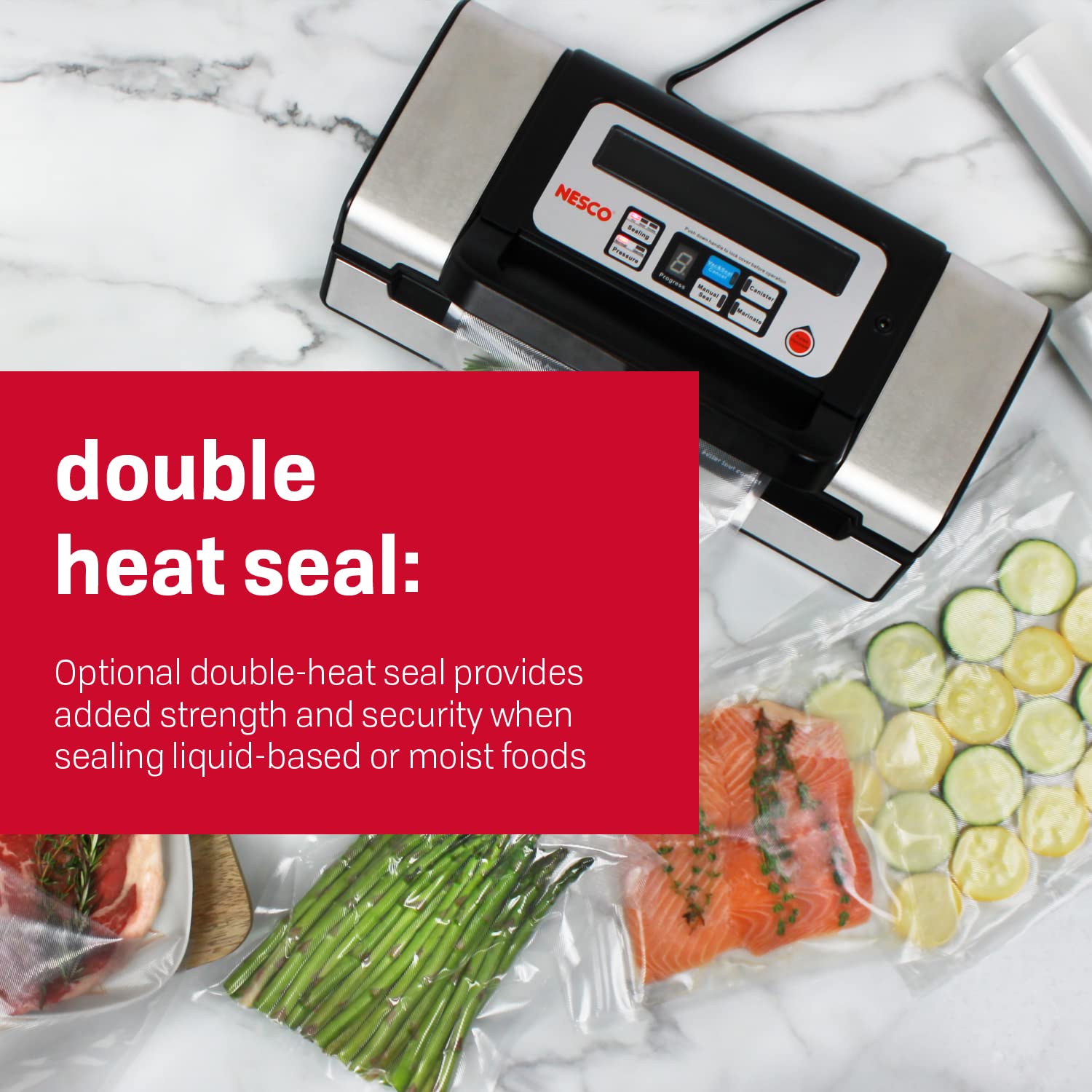 NESCO Nesco Deluxe VS-12 vacuum sealer dry-moist-double settings tailor seals.