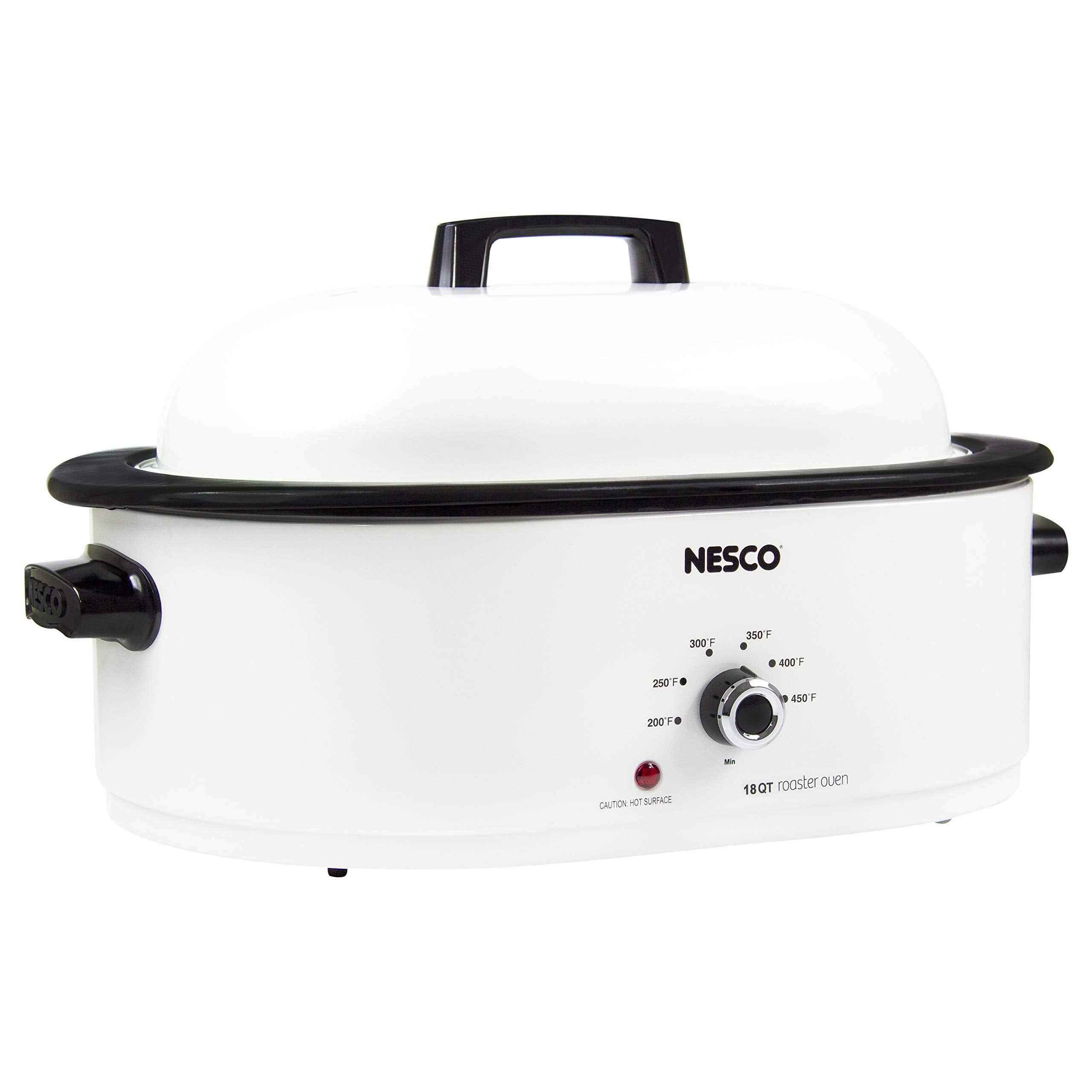 Interior view of the Nesco roaster highlighting removable enamel cook well for easy cleanup