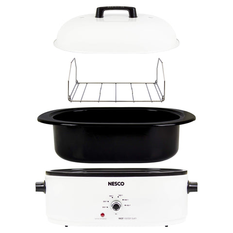 Dishwasher-safe cook well shown on the Nesco roaster for simple post-meal cleanup