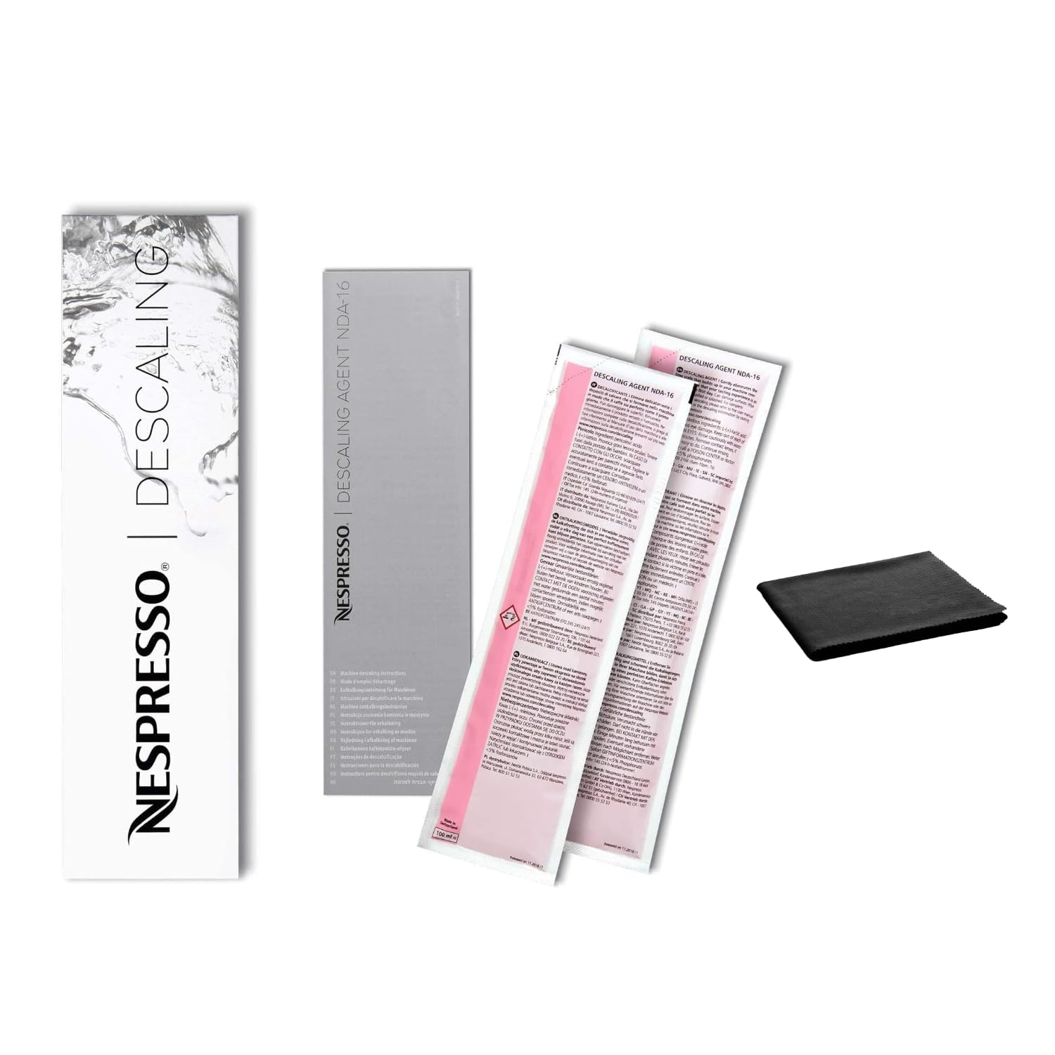 Nespresso Descaling Kit Solution bottle shows safe, effective descaling for all models