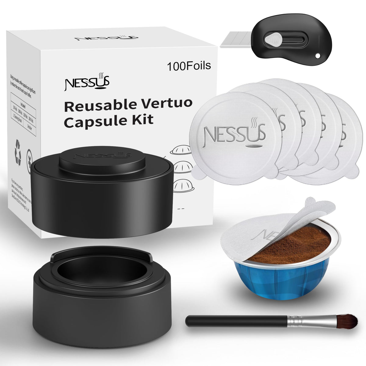 NESSUS Vertuo reusable holder enables easy capsule loading for refills.
