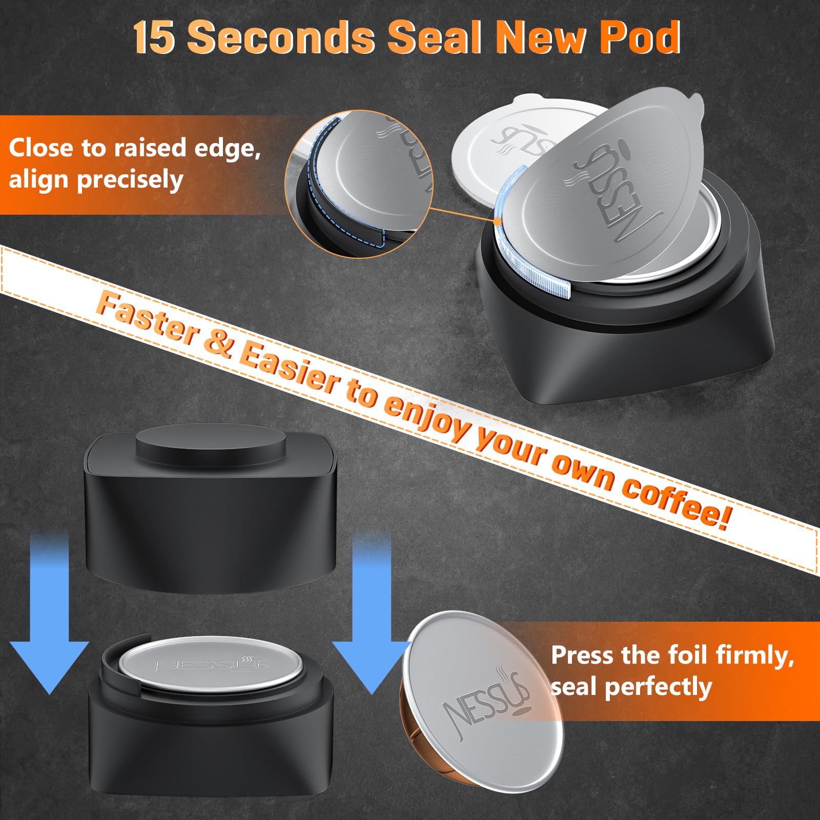 NESSUS Vertuo embossed foil seal for durable adhesion and leak resistance.