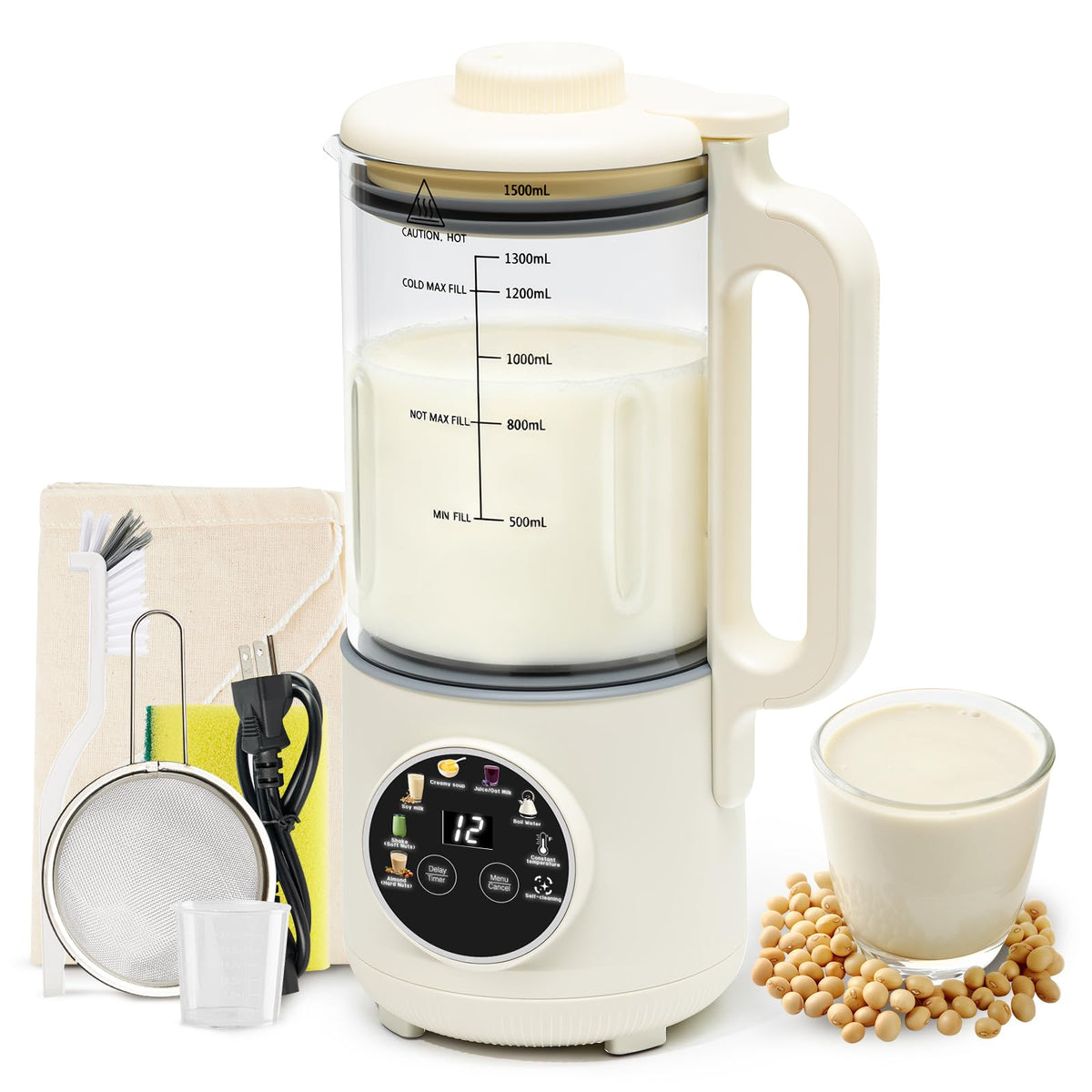 NestEase 8-in-1 nut milk maker glass pitcher with 50oz capacity for family batches.