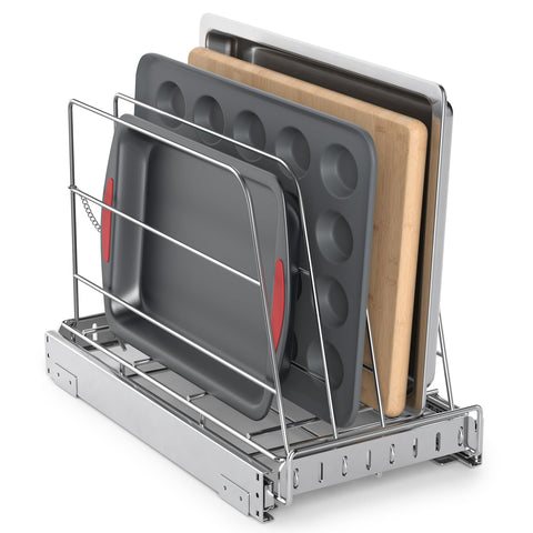 NestSprout pull-out cabinet organizer for easy bakeware access.