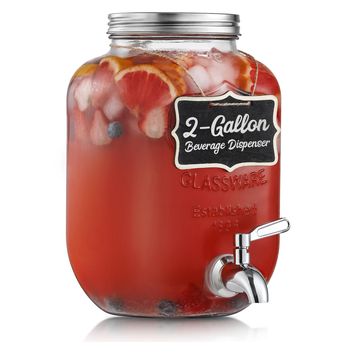 NETANY 2-gallon glass dispenser front view for clear iced drinks centerpiece