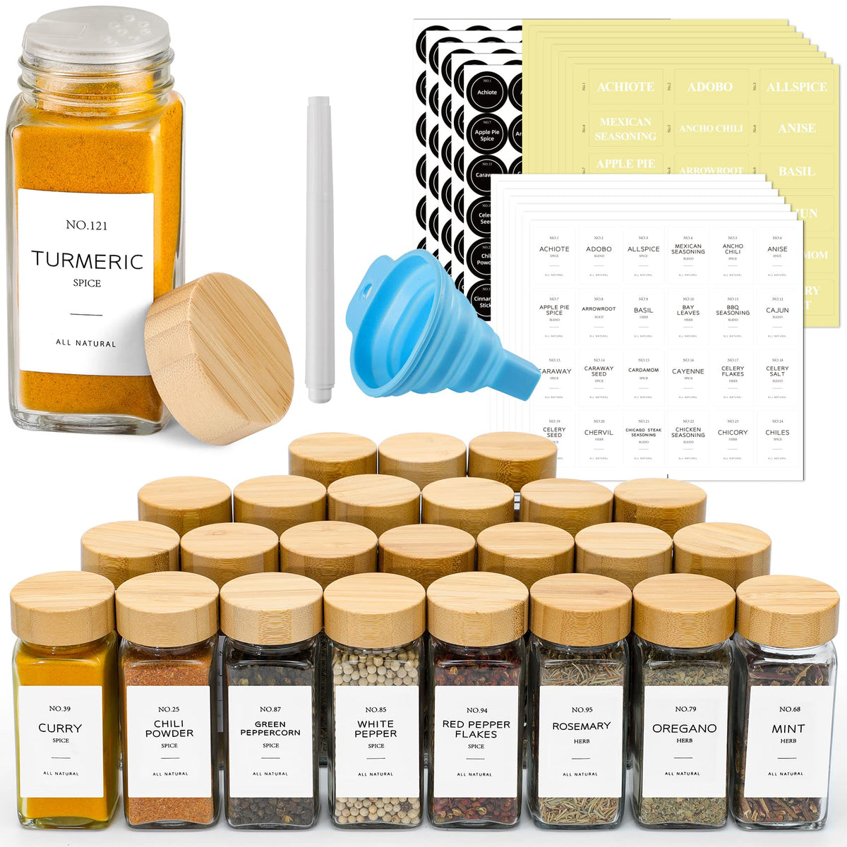 NETANY 24-pcs glass spice jars for organized pantry storage.