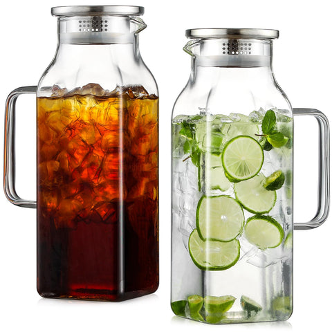 NETANY 2-pack 68oz square glass pitcher with lid for easy serving.